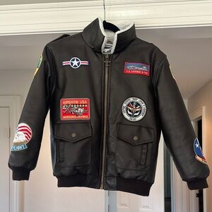 Kids Black Faux Leather Patch Puffer Jacket with Sherpa Collar